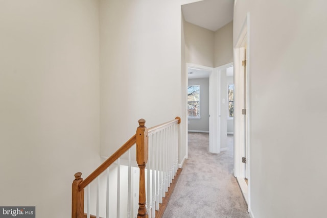 hall featuring light colored carpet