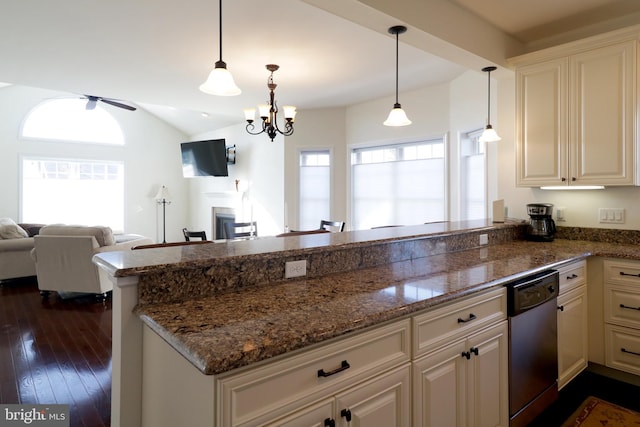 148 Gemstone Dr, Bellefonte, PA 16823 - kitchen featuring dishwashing machine, a peninsula, a healthy amount of sunlight, and lofted ceiling