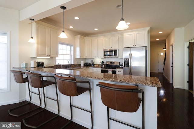 148 Gemstone Dr, Bellefonte, PA 16823 - kitchen featuring dark wood-style flooring, recessed lighting, appliances with stainless steel finishes, and a peninsula