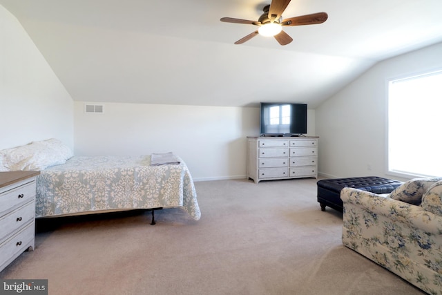 148 Gemstone Dr, Bellefonte, PA 16823 - bedroom featuring vaulted ceiling, baseboards, ceiling fan, visible vents, and light carpet