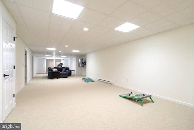 148 Gemstone Dr, Bellefonte, PA 16823 - playroom featuring carpet, baseboard heating, baseboards, recessed lighting, and a paneled ceiling