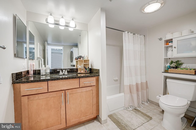 bathroom with toilet, vanity, shower / bath combo with shower curtain, and tile patterned floors