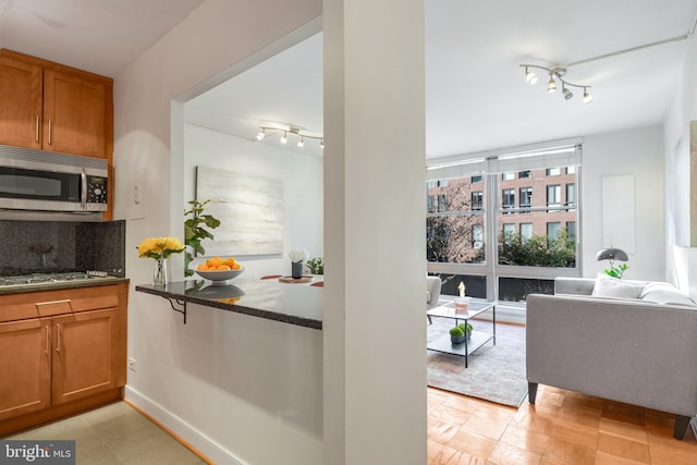 kitchen with tasteful backsplash, track lighting, appliances with stainless steel finishes, and dark stone countertops