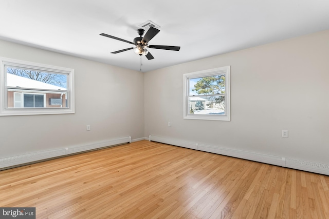 empty room featuring ceiling fan, light hardwood / wood-style flooring, and a baseboard heating unit