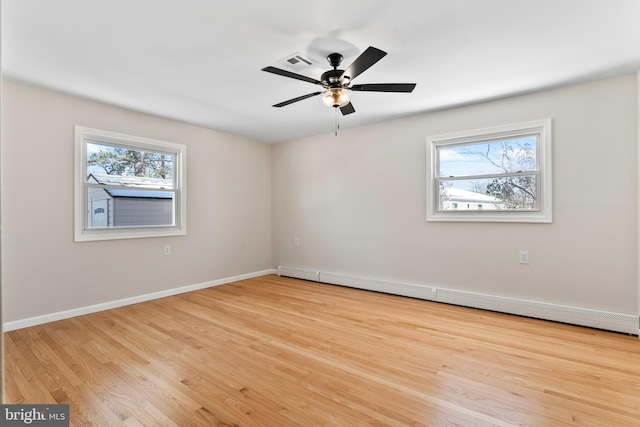 empty room featuring a baseboard radiator, light hardwood / wood-style floors, and ceiling fan