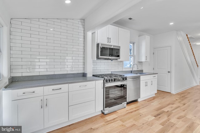 kitchen featuring sink, appliances with stainless steel finishes, white cabinetry, decorative backsplash, and light wood-type flooring