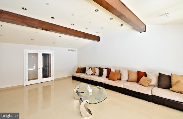 living room with lofted ceiling with beams