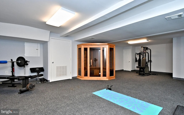 exercise area featuring dark colored carpet