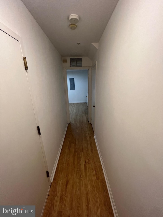 hall with electric panel and light hardwood / wood-style flooring