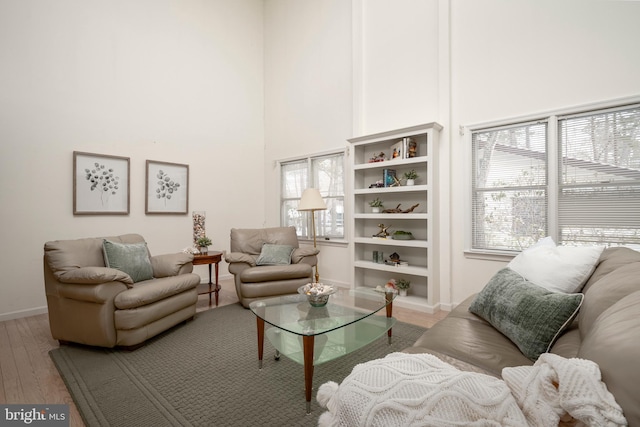 living room featuring a high ceiling and light hardwood / wood-style flooring