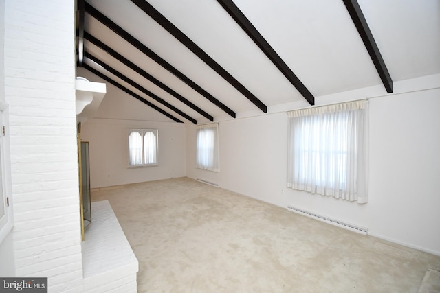 carpeted spare room featuring a baseboard heating unit, beam ceiling, and high vaulted ceiling