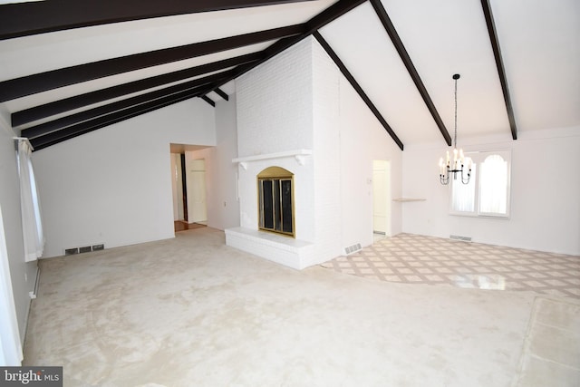 unfurnished living room with an inviting chandelier, beam ceiling, high vaulted ceiling, carpet, and a brick fireplace