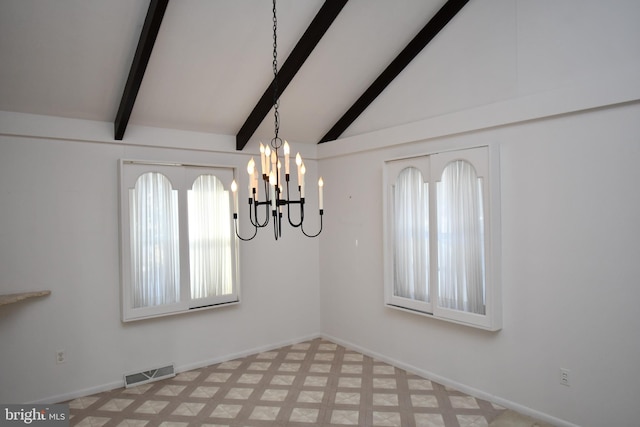 unfurnished dining area featuring vaulted ceiling with beams and a notable chandelier