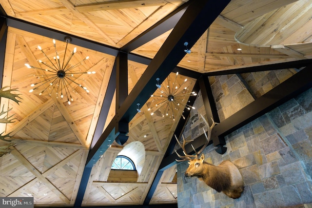 interior details featuring wooden ceiling, beam ceiling, and an inviting chandelier