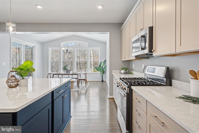 kitchen featuring hanging light fixtures, wood-type flooring, stainless steel appliances, and light stone countertops