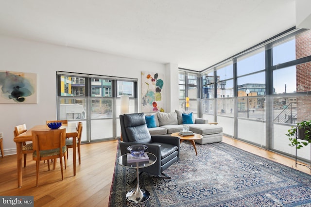 living room featuring hardwood / wood-style floors, a wealth of natural light, and a wall of windows