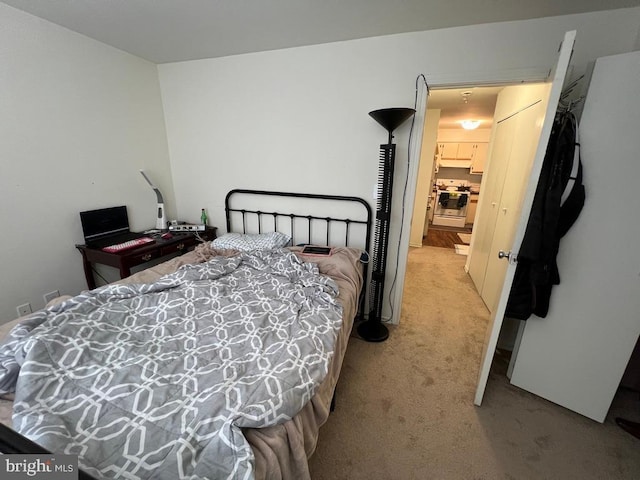 bedroom featuring light carpet