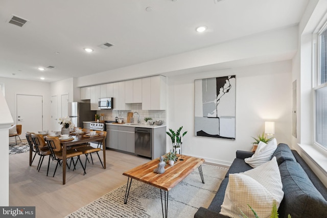 living room with light hardwood / wood-style flooring and sink