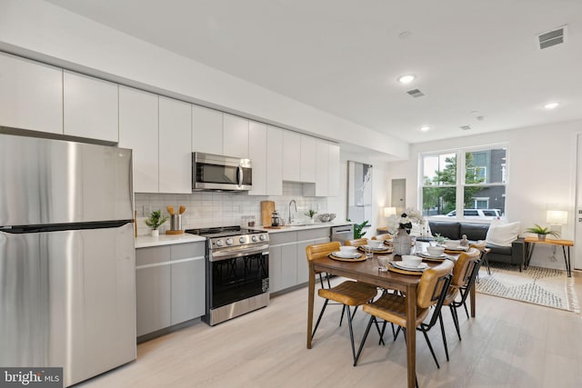 kitchen featuring decorative backsplash, sink, white cabinetry, light hardwood / wood-style flooring, and stainless steel appliances