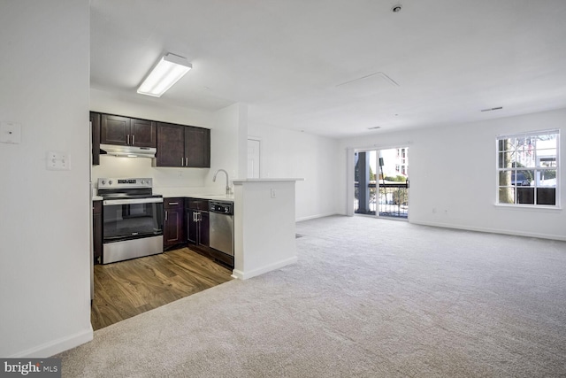 kitchen featuring sink, appliances with stainless steel finishes, carpet flooring, dark brown cabinetry, and kitchen peninsula