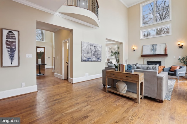 living area with light wood-style floors, baseboards, ornamental molding, and a glass covered fireplace