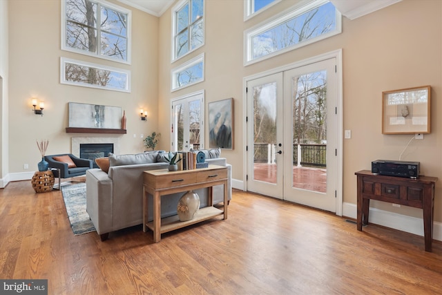 living area with light wood finished floors, french doors, a glass covered fireplace, and a healthy amount of sunlight