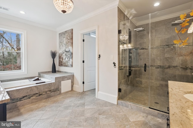 bathroom with ornamental molding, a stall shower, visible vents, and baseboards