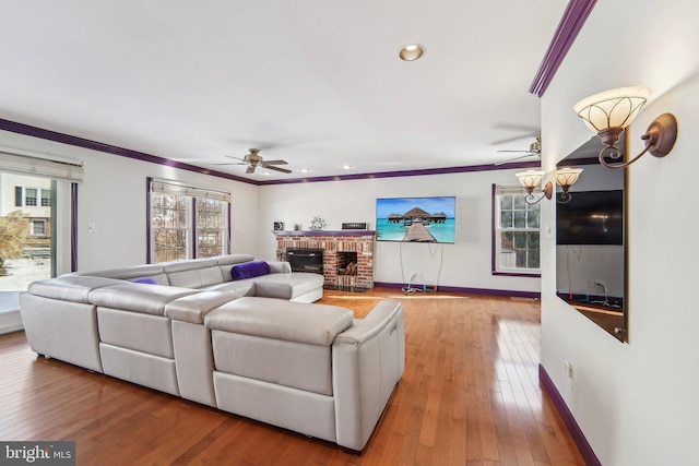 living room featuring crown molding, hardwood / wood-style flooring, a fireplace, and ceiling fan