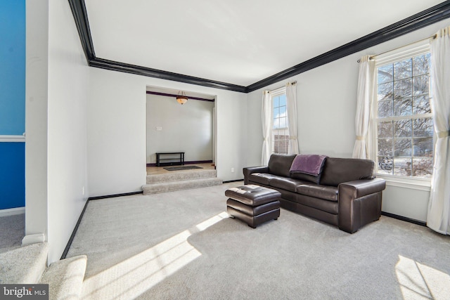 living room with ornamental molding and light colored carpet