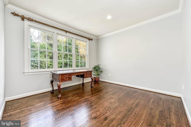 interior space featuring dark wood-type flooring and ornamental molding