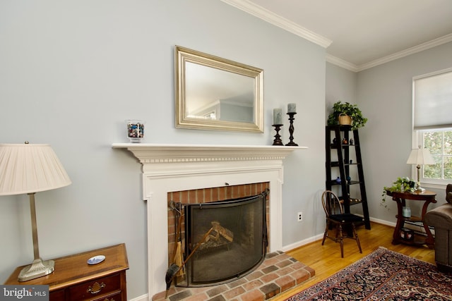 living area featuring ornamental molding, a fireplace, and hardwood / wood-style floors