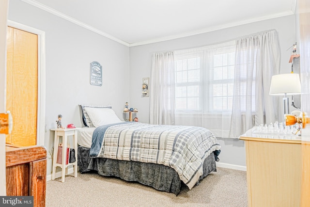 bedroom featuring carpet flooring and ornamental molding