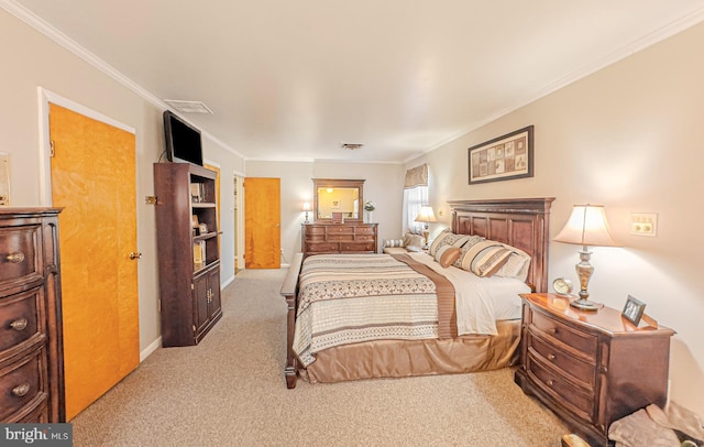 bedroom featuring ornamental molding and light colored carpet