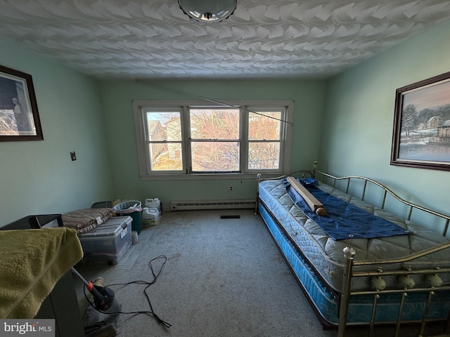 unfurnished bedroom featuring a baseboard radiator and carpet