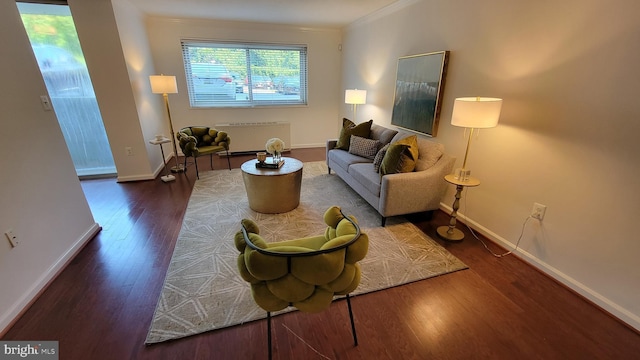 living room with dark hardwood / wood-style flooring, crown molding, and radiator heating unit