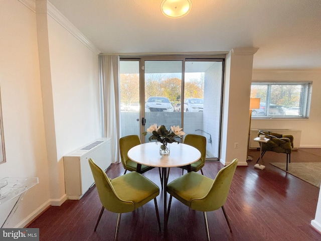 dining area featuring radiator, a wealth of natural light, crown molding, and dark hardwood / wood-style floors