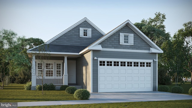 view of front facade with a front yard, a porch, and a garage