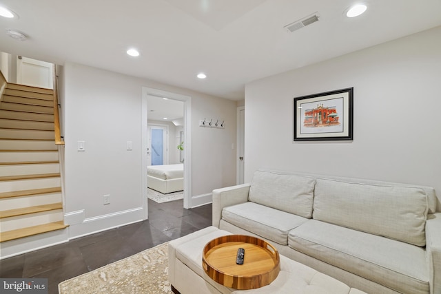 living room with dark wood-type flooring