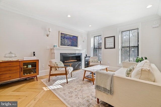 living room featuring parquet floors, crown molding, and a premium fireplace