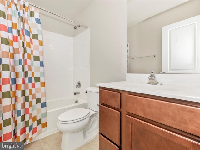 full bathroom with vanity, toilet, tile patterned floors, and shower / tub combo with curtain