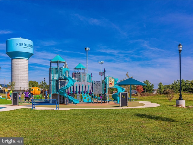 view of playground featuring a lawn