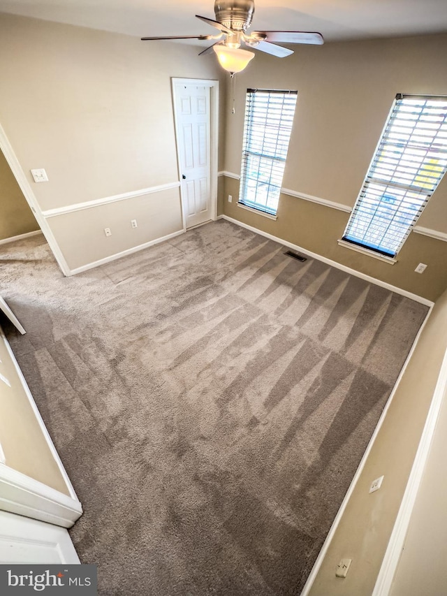 carpeted spare room with ceiling fan and a wealth of natural light