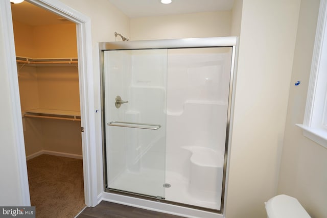 bathroom featuring a shower with shower door