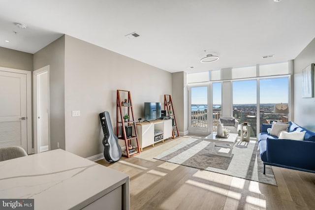 living room with floor to ceiling windows and light hardwood / wood-style floors