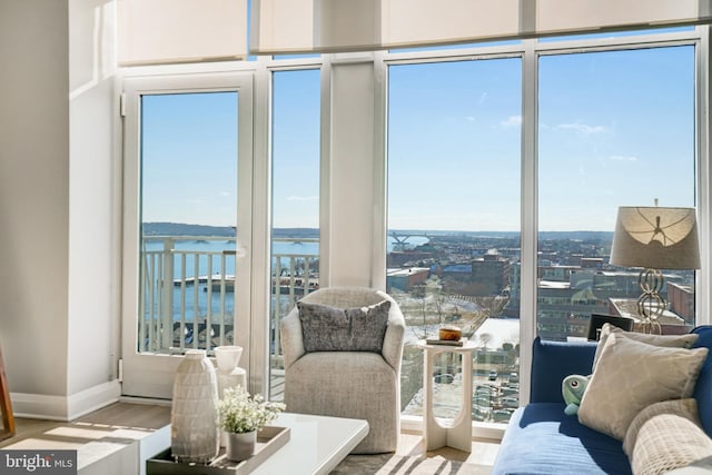 interior space with floor to ceiling windows, a healthy amount of sunlight, a water view, and hardwood / wood-style floors