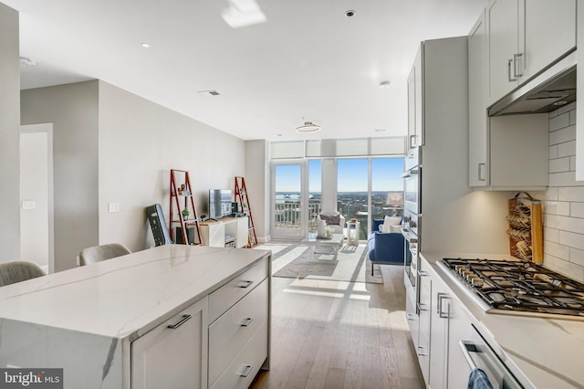 kitchen featuring floor to ceiling windows, stainless steel appliances, tasteful backsplash, light wood-type flooring, and a center island