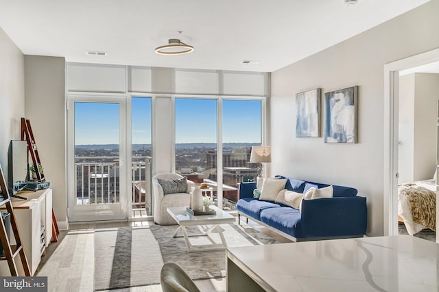 living room featuring a healthy amount of sunlight, floor to ceiling windows, and hardwood / wood-style flooring