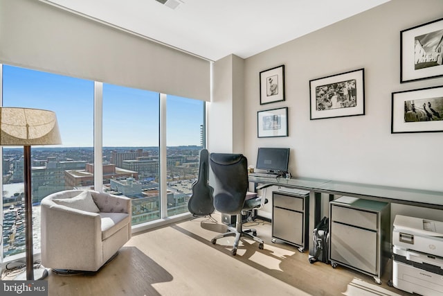 office space with expansive windows and light wood-type flooring