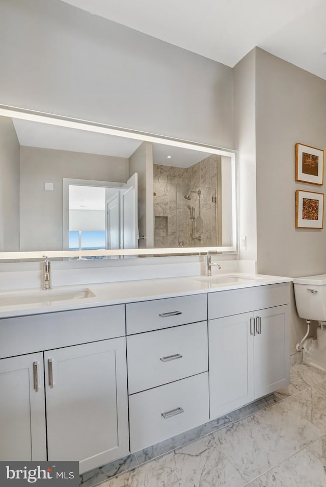 bathroom featuring toilet, vanity, and a shower