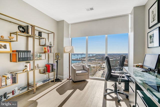 home office featuring light hardwood / wood-style floors